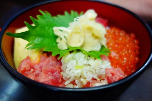 Sashimi over rice for breakfast (Tokyo, Japan)